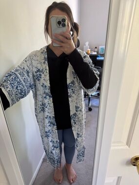 Blue and White Floral Kimono Duster